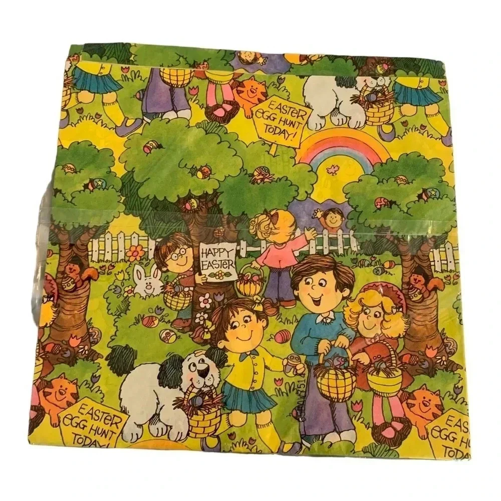 VINTAGE Happy Easter Hallmark Wrapping Paper Sealed 2 Sheets Egg Hunt Dog Kids